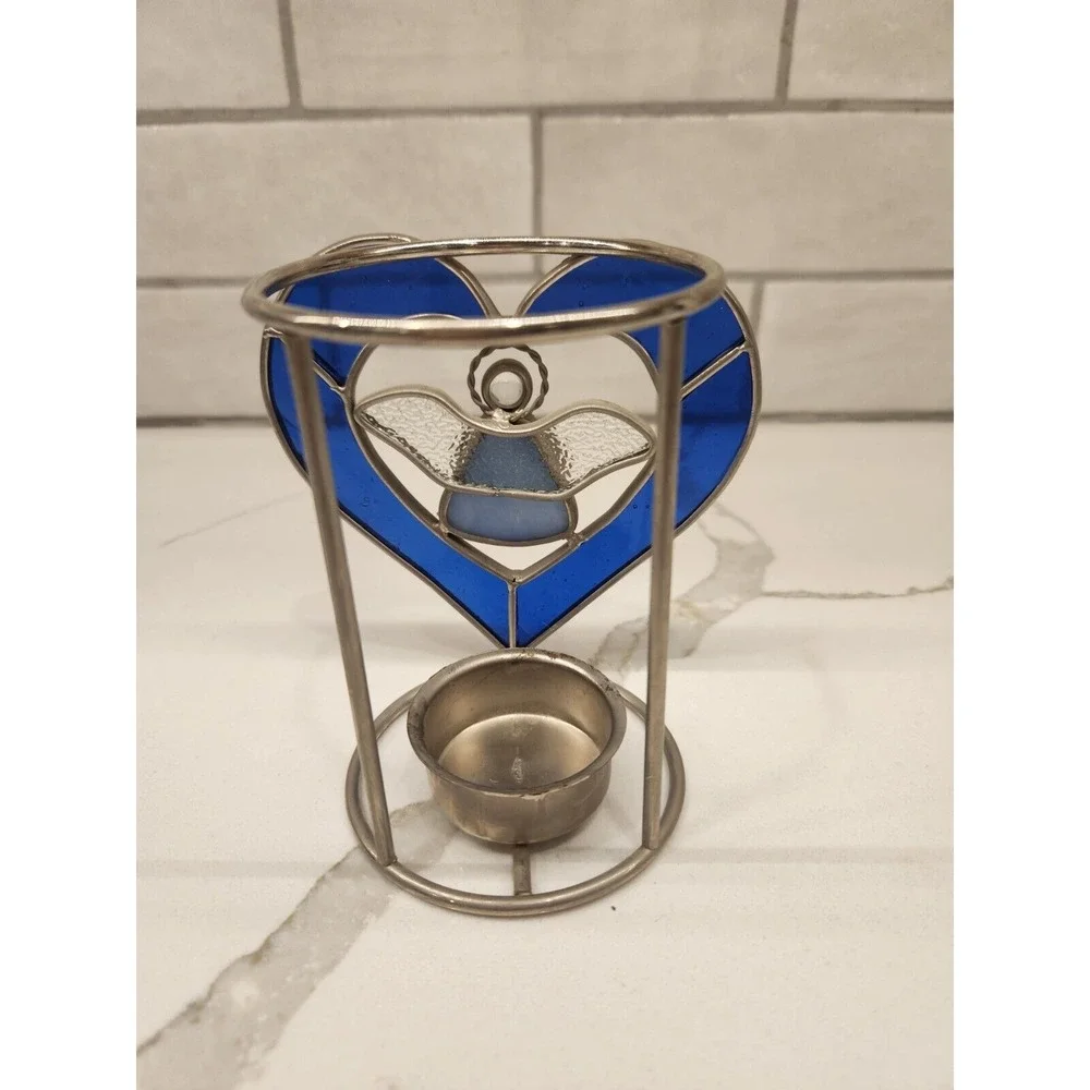 Vintage Stained Glass Tealight Holder Blue Candle Holder Angel Christmas Design‎